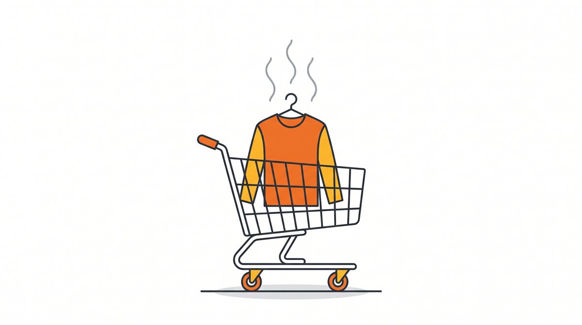 ショッピングカートとハンガーにかかったTシャツのフラットイラスト