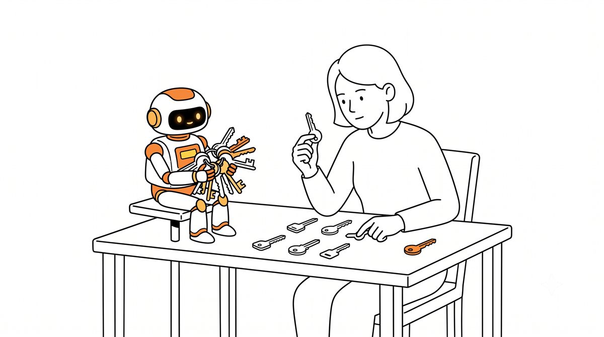 たくさんの鍵を持ったAIロボットの前で、人が鍵を1本ずつ確認して選び直しているイラスト