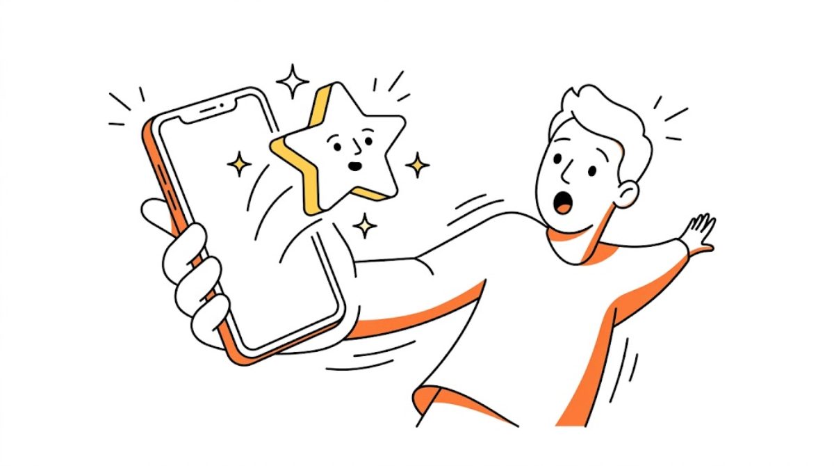 スマホの画面に突然現れたAIアイコンに驚く人物のフラットイラスト