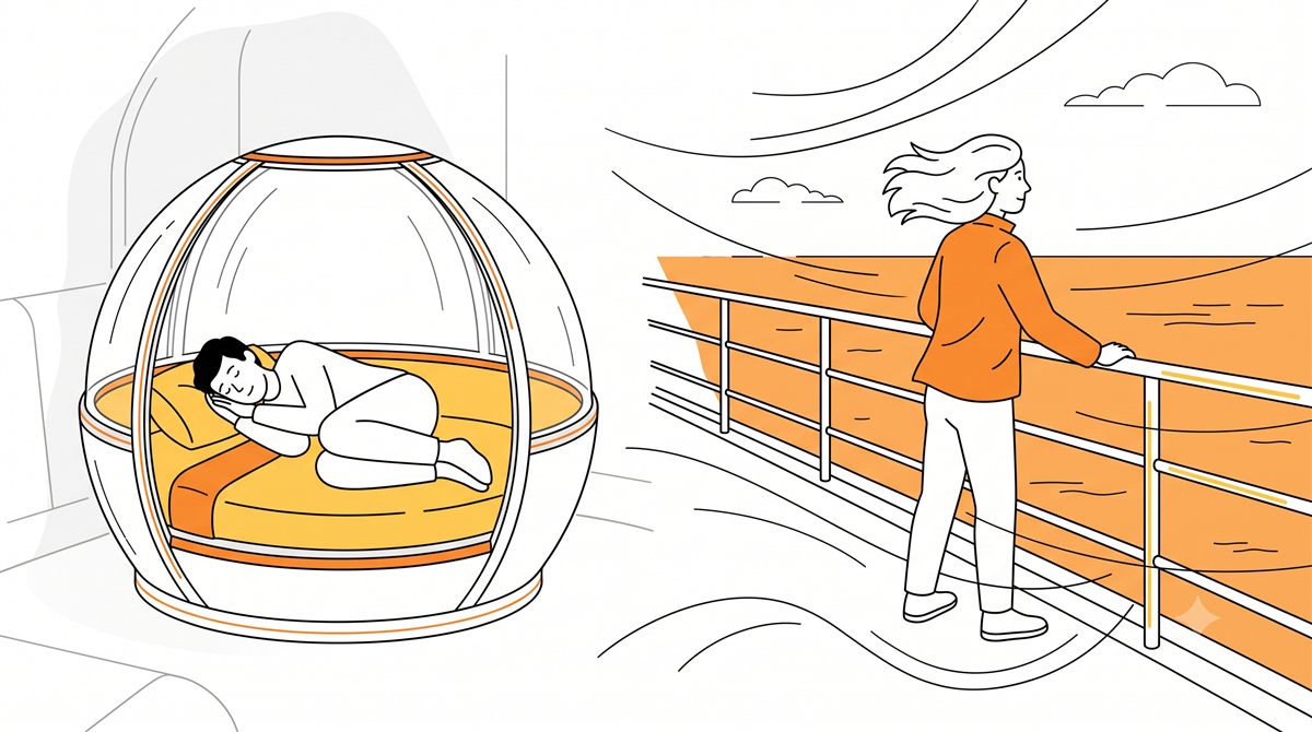 快適なゆりかご型ポッドで眠る人と、船の甲板で風を受けて立つ人の対比イラスト