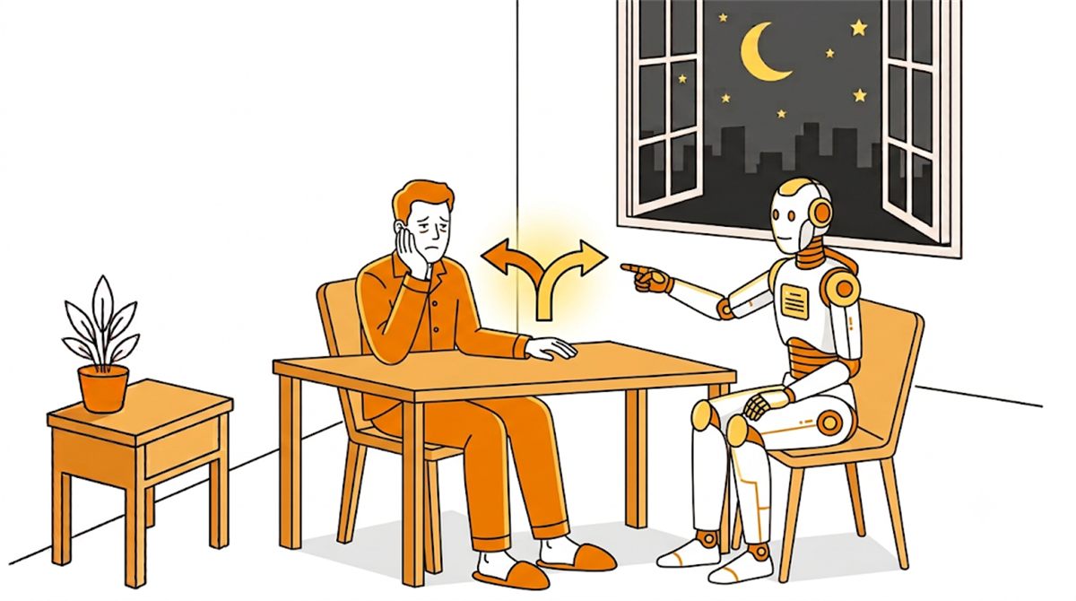 夜の机を挟んで向かい合う疲れた表情の人とAIロボット、二人の間に浮かぶ二手に分かれた矢印のイラスト