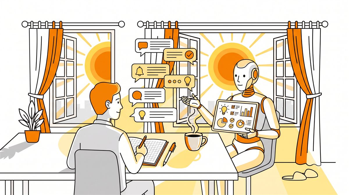 人間がノートに考えを書きながらAIロボットと机を挟んで対話しているイラスト