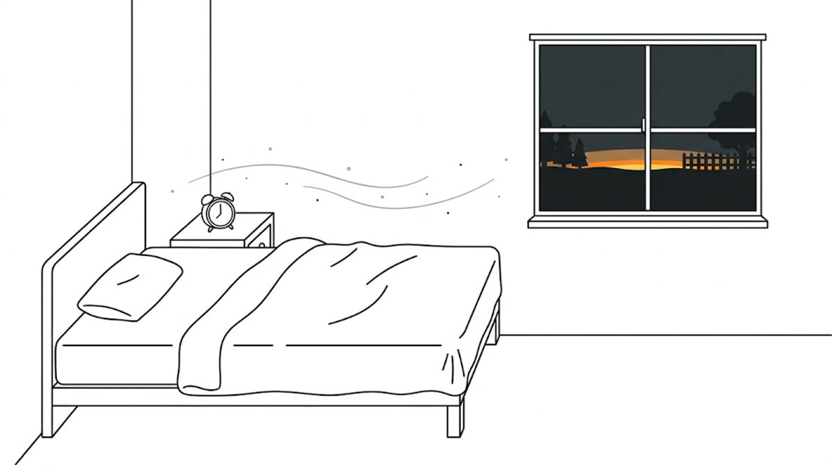 夜明け前の薄明かりの寝室で、肩口がはだけた布団と枕元の時計が描かれたフラットイラスト
