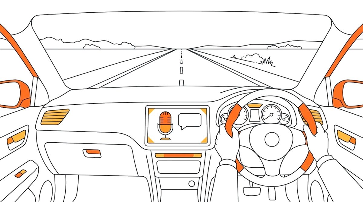 車のダッシュボードの画面にマイクのアイコンと吹き出しが表示され、ハンドルを握る手が描かれたフラットイラスト