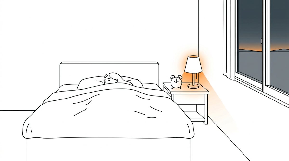 まだ暗い窓の外と、ベッドの横で光り始めた照明と目覚まし時計のフラットイラスト