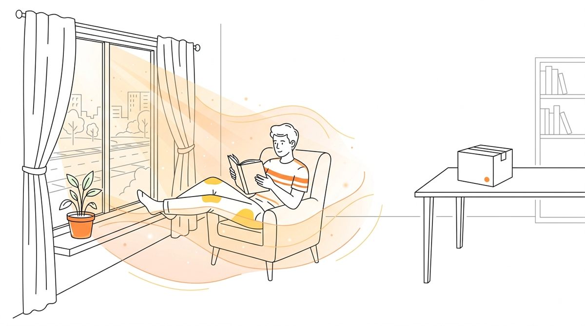 スマホを箱にしまい、窓の外を眺めながらくつろぐ若者のイラスト