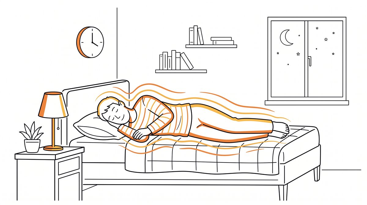 リカバリーウェアを着てベッドで眠る人を、体を包む温かさのラインが取り巻いているイラスト