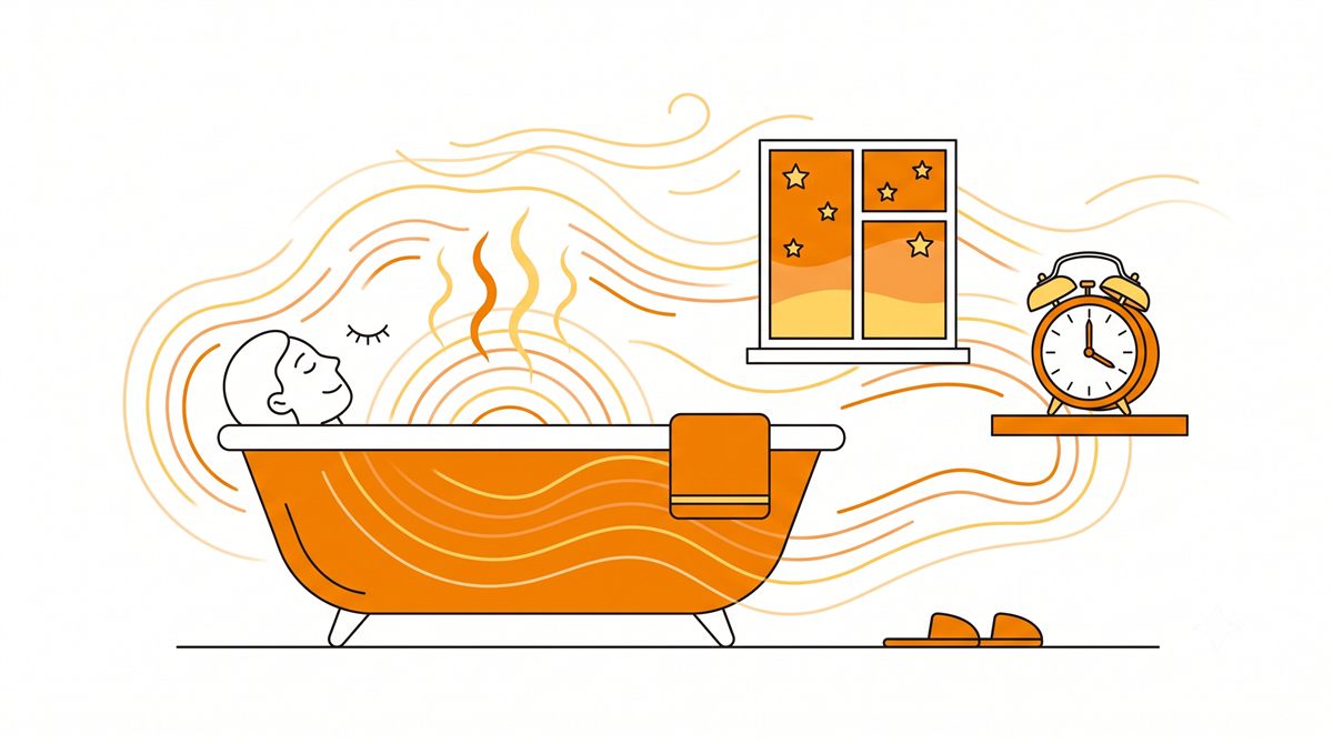 湯気の立つ湯船にゆったり浸かってリラックスする人のイラスト