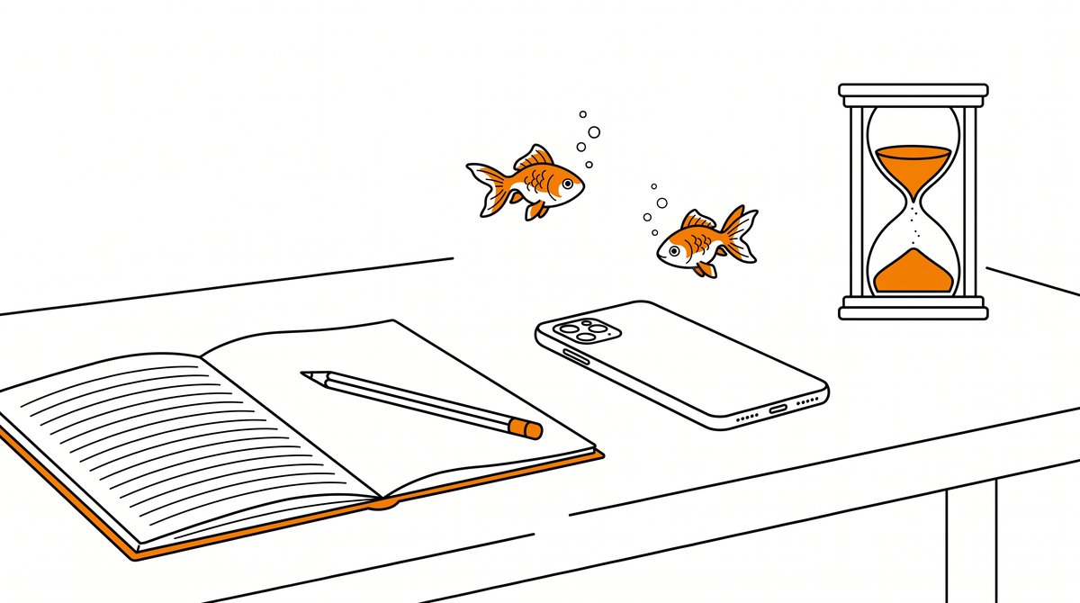 開いたノートと鉛筆、画面を伏せたスマートフォン、その上を泳ぐ2匹の金魚と砂時計のフラットイラスト