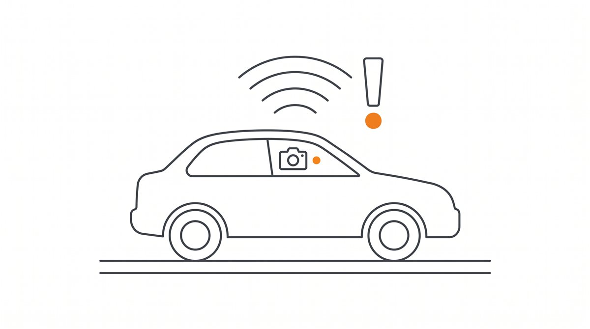 自動車と車内カメラのアイコン、警告の波形を並べたフラットイラスト