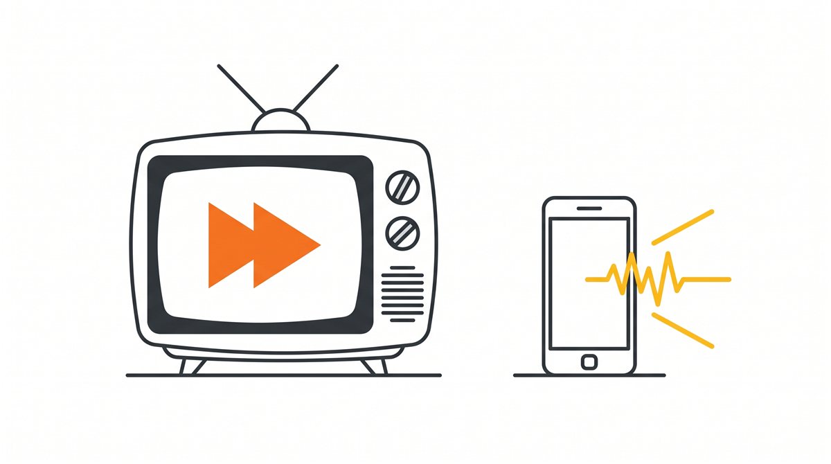 テレビ画面とスマホ、2倍速の再生ボタンのフラットイラスト