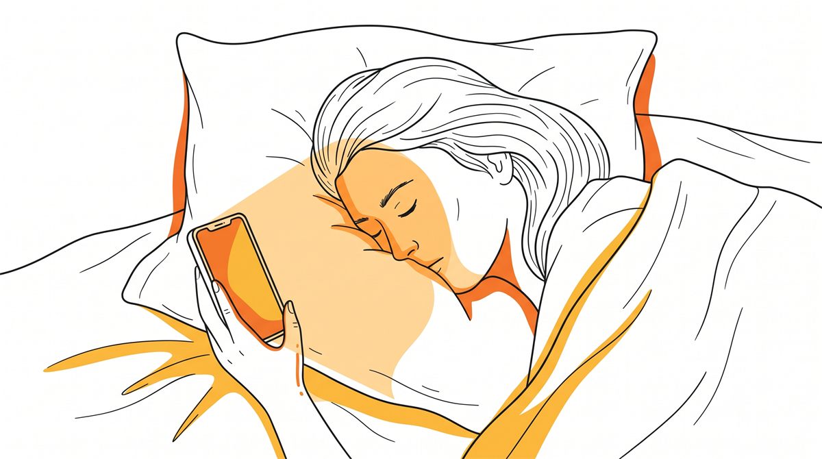 暗い部屋のベッドでスマホの光だけが顔を照らしている大人のフラットイラスト