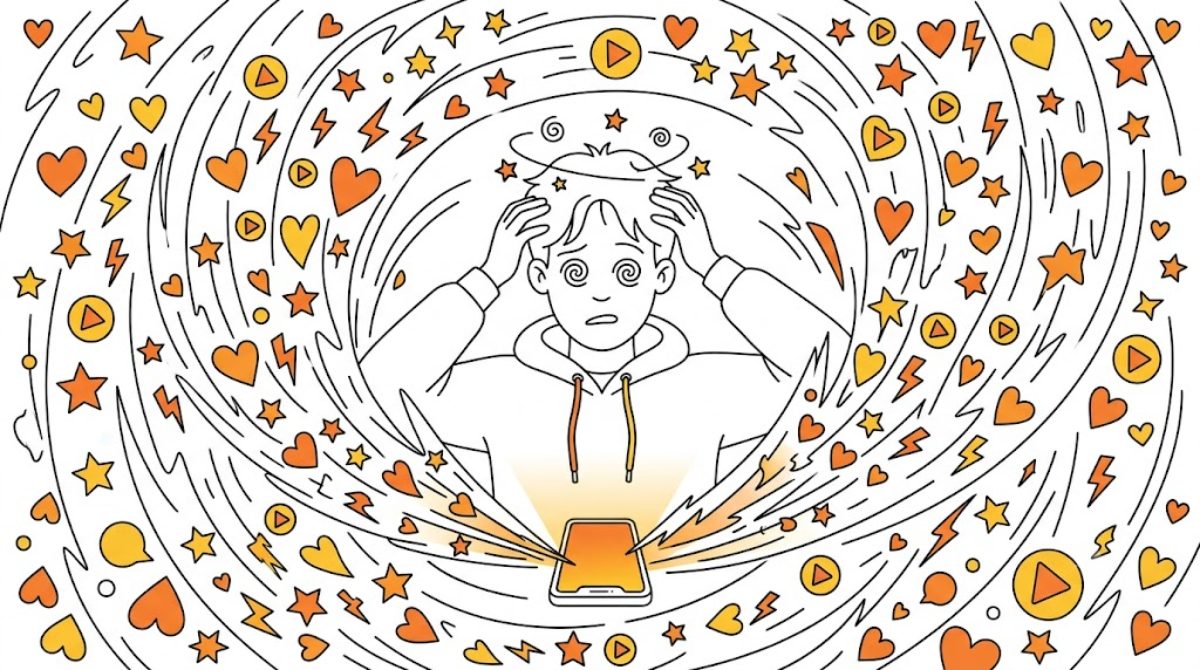 スマホから飛び出す無数の刺激に囲まれて目を回す人物のイラスト