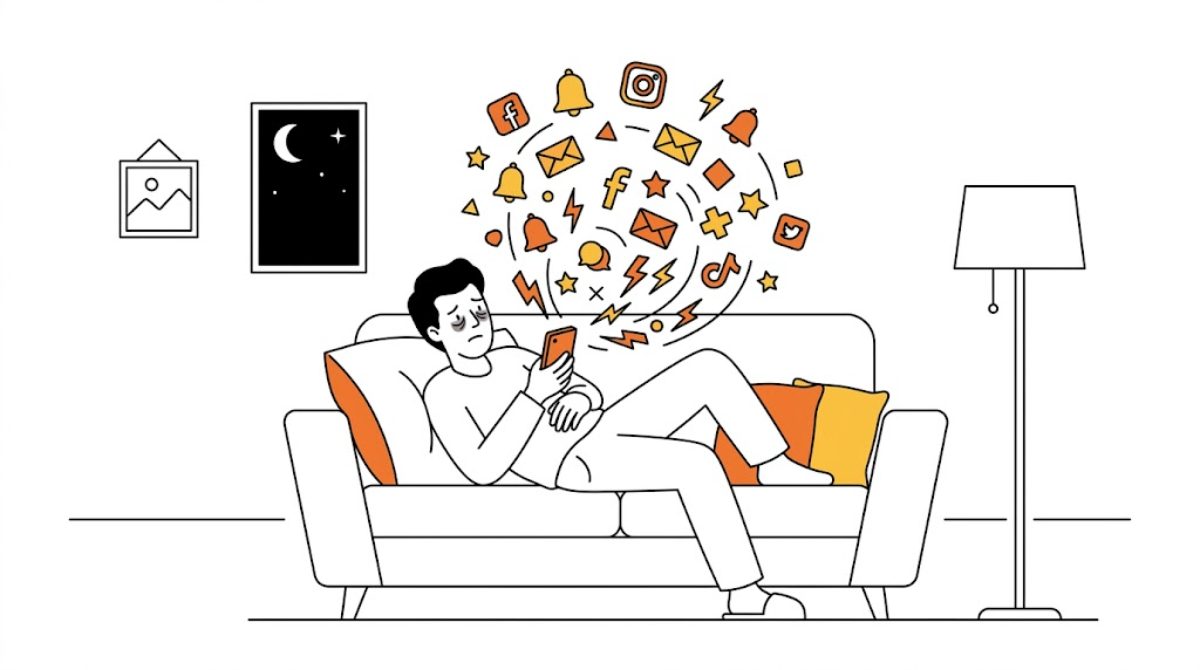 スマホの光に照らされてソファに沈み込む大人と、散らばる通知アイコンのフラットイラスト