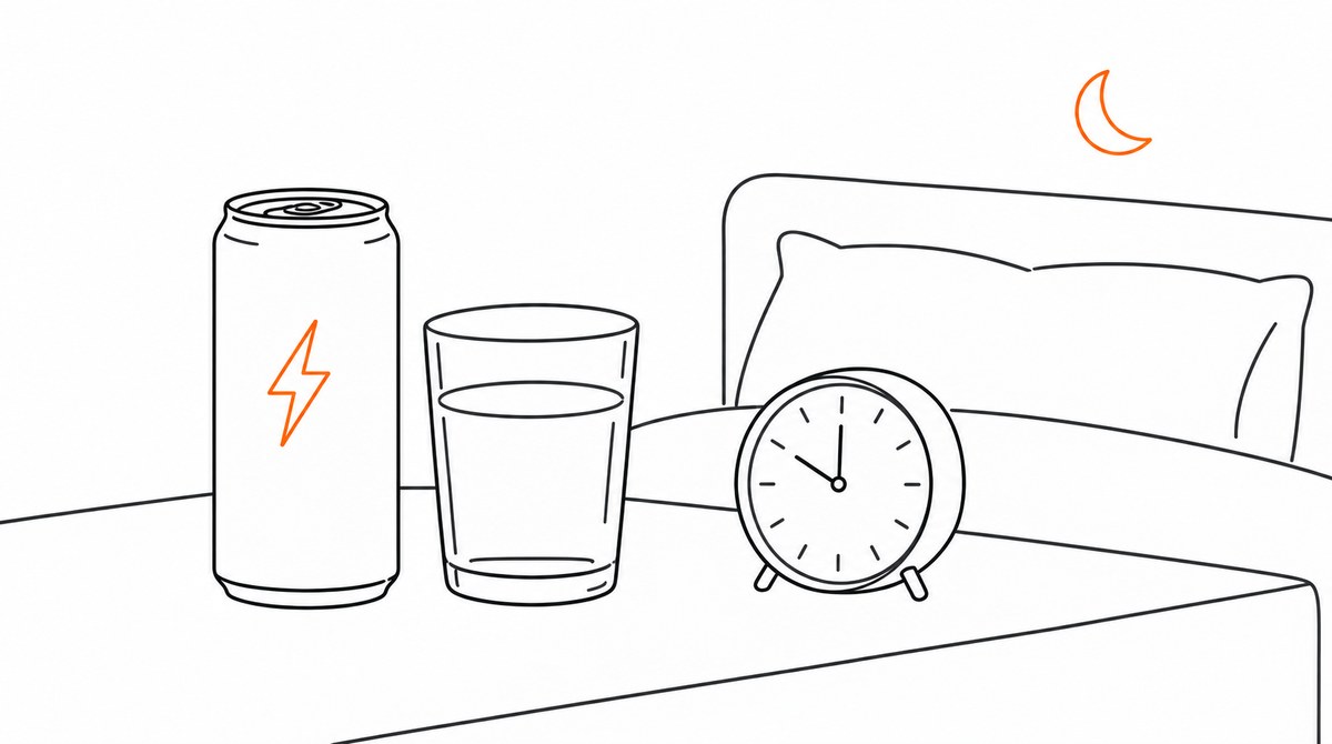 エナジードリンクと水、時計とベッドを描いた線画