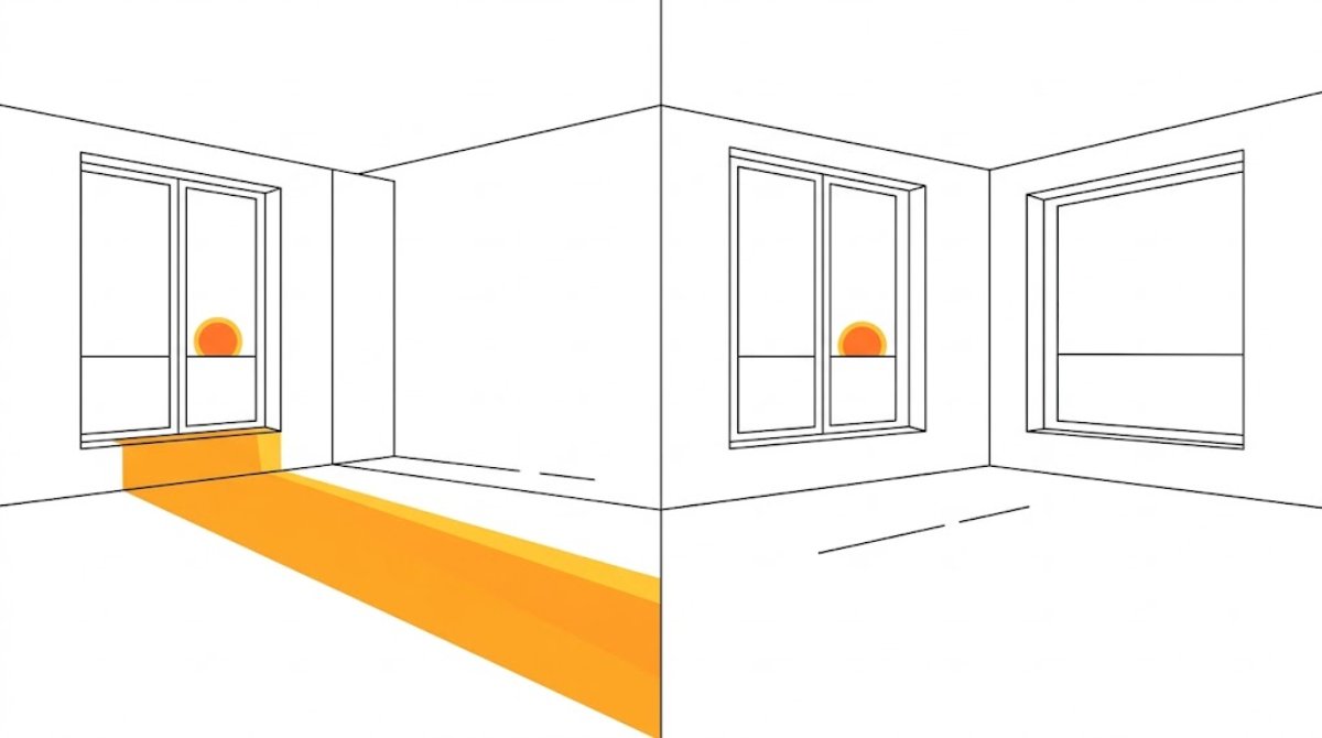 夏と冬で朝の窓から差す光の量が変わることを表したフラットイラスト
