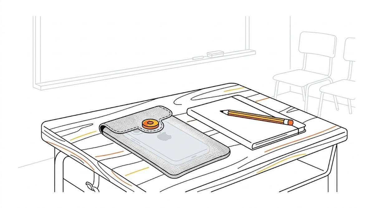 磁気ロック式のスマホ収納ポーチと教室の机のフラットイラスト