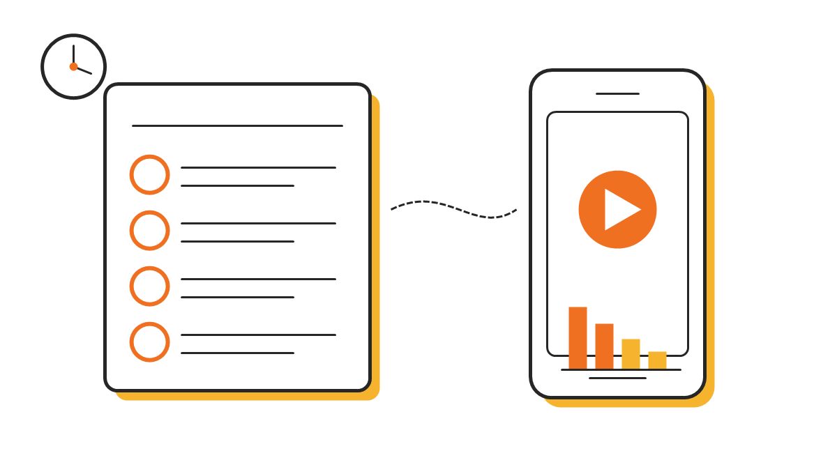 答案用紙と鉛筆の横に再生アイコンの浮かぶスマートフォンが置かれたフラットイラスト