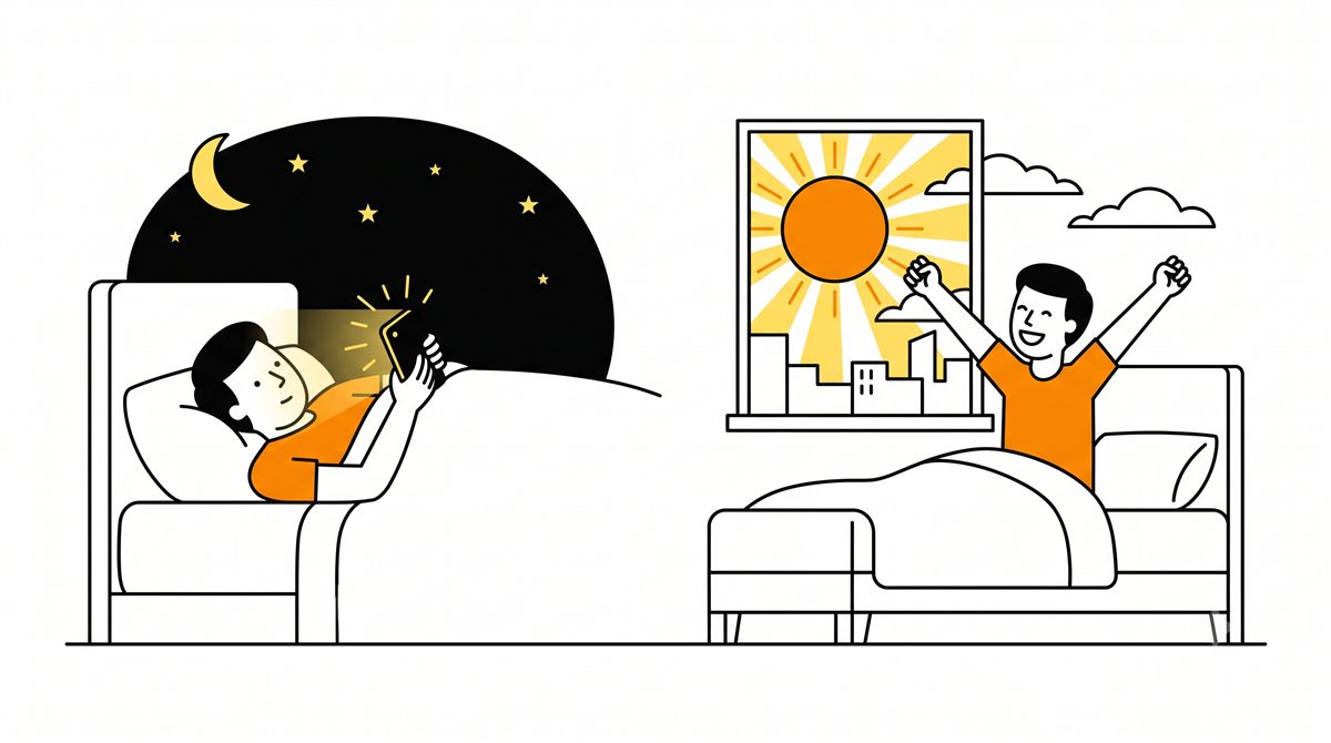 夜のスマホ時間と朝の健やかな目覚めの対比イラスト