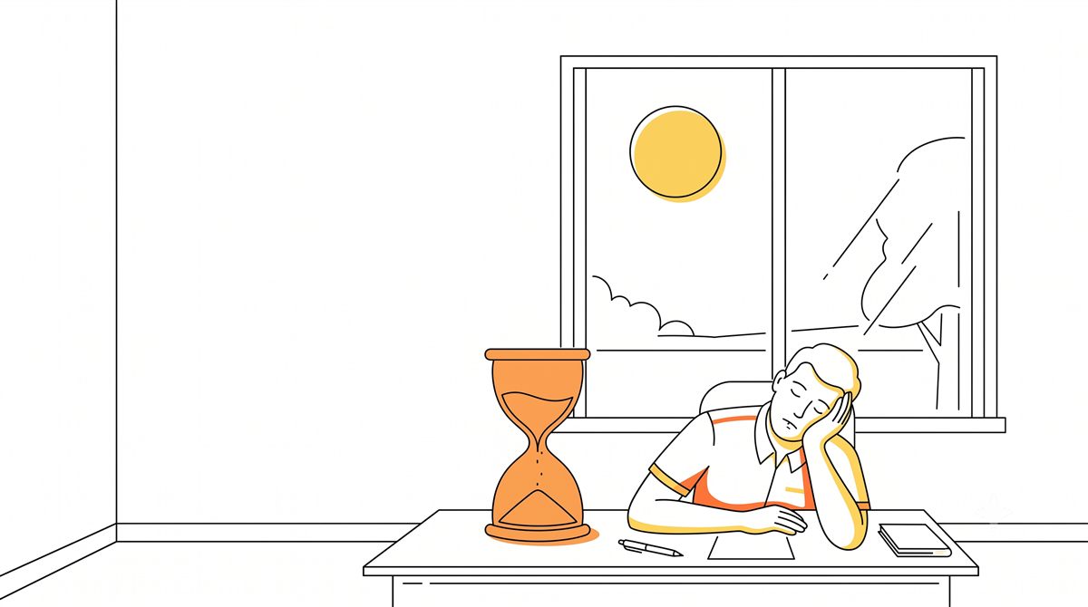 デスクに突っ伏して昼寝する人の横に、20分を指す砂時計が置かれているイラスト