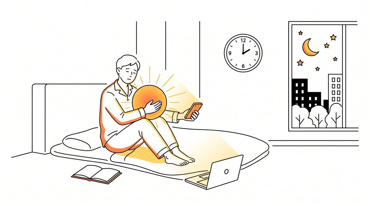 時計が深夜を指す部屋で、昼の時間を表す太陽を取り返すようにスマホの光を抱え込む人のイラスト