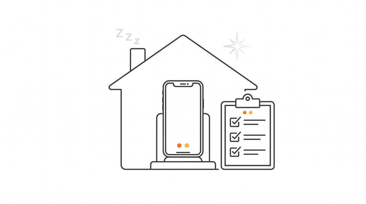 家の形の枠とスマートフォン、チェックリストを並べたフラットイラスト