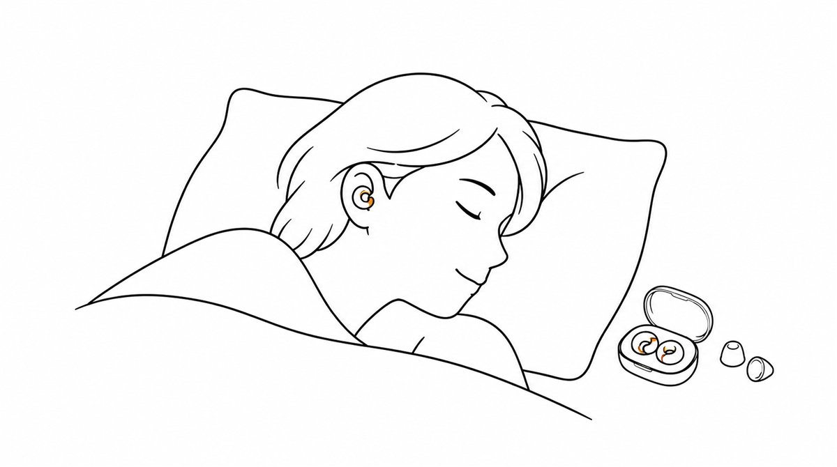 耳栓をつけて横向きで枕に頭をのせた人と収納ケースの線画