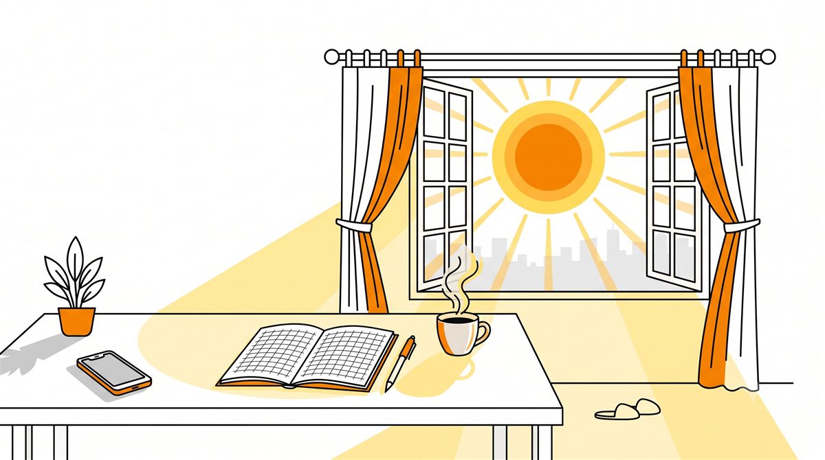朝日が差し込む静かな机の上のコーヒーと手帳、隅に伏せて置かれたスマホのイラスト