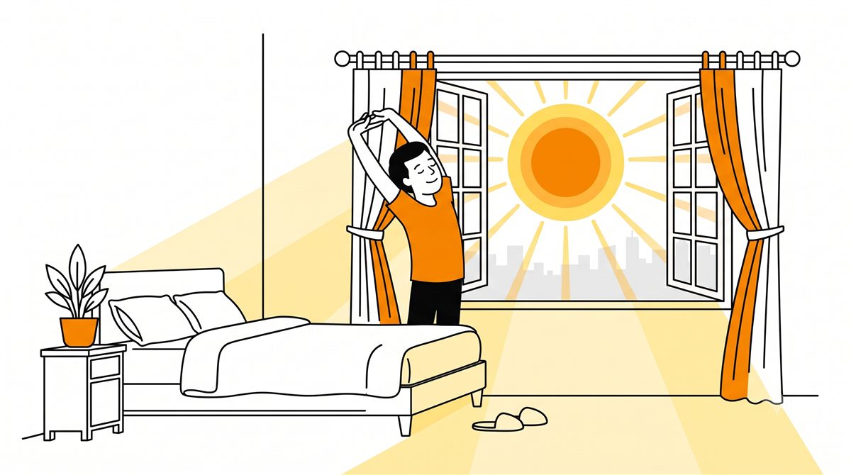 朝、カーテンを開けて窓から差し込む光を浴びながら伸びをする人のイラスト
