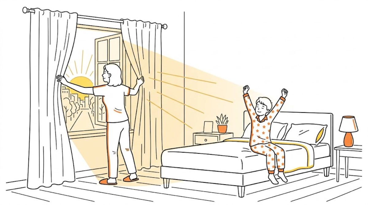 朝、カーテンを開けて光を入れる親と、伸びをする子どものイラスト