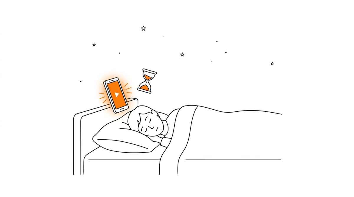 枕元で動画を再生したままのスマートフォンと、眠っている人、タイマーのアイコンのフラットイラスト