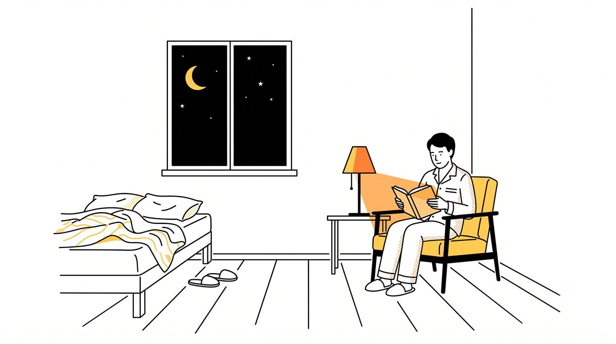 夜、布団から起き上がって薄明かりの椅子で本を読み、眠気が戻るのを待つ人のイラスト
