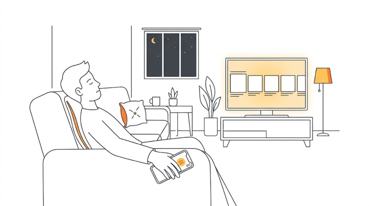 テレビとスマートフォンにドラマの次のエピソードが並び、ソファで眠っている人と停止ボタンのフラットイラスト