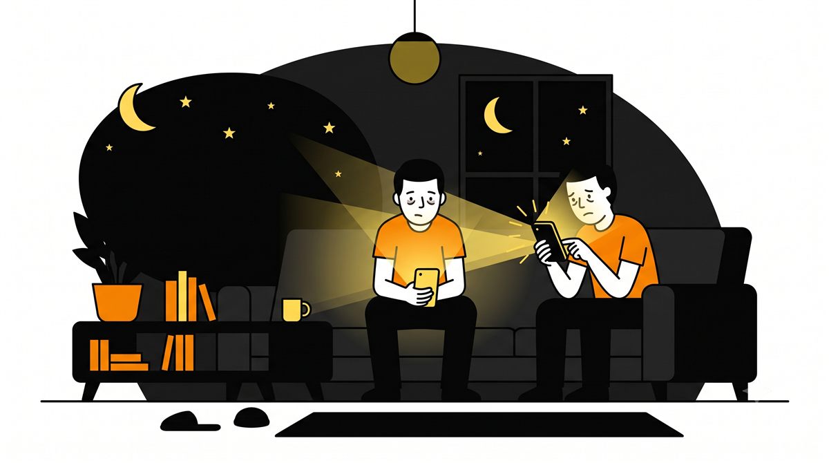 深夜、暗いリビングのソファでスマホの光に照らされながら画面を見続ける人のイラスト
