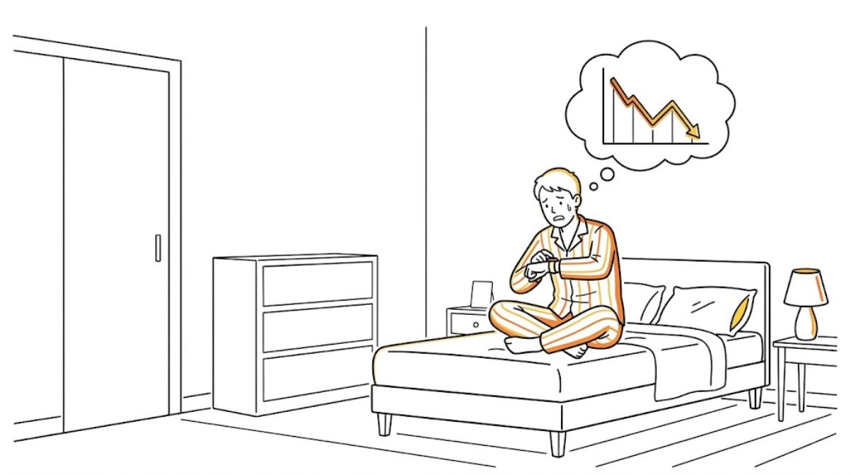 ベッドでスマートウォッチの睡眠スコアを不安そうに見つめる人物のイラスト