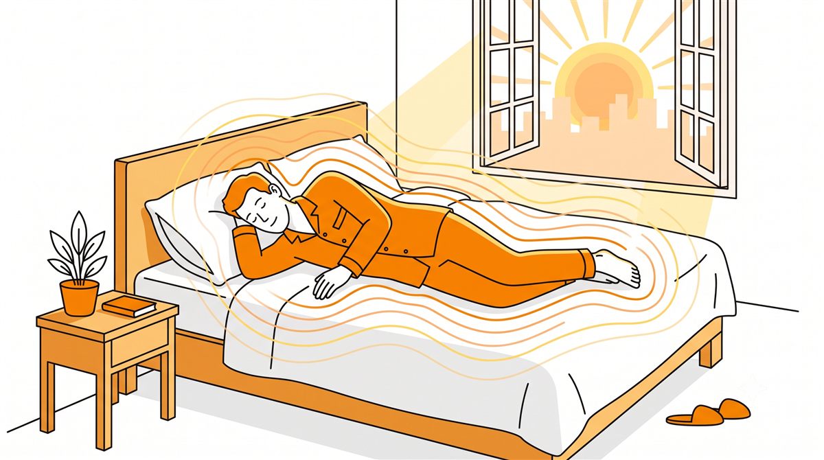 リカバリーウェアを着てベッドで眠る人と、体を包む温もりの波のイラスト