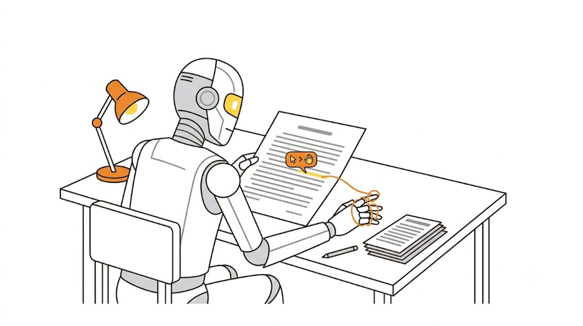 AIロボットが読んでいる書類の中から、こっそり別の命令の吹き出しが伸びてロボットを操ろうとしているイラスト
