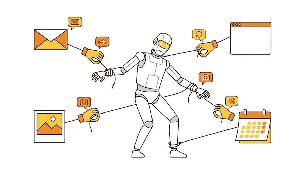 AIロボットに向かって、メール・Webページ・画像・カレンダーから複数の命令の手が伸びて操ろうとしているイラスト
