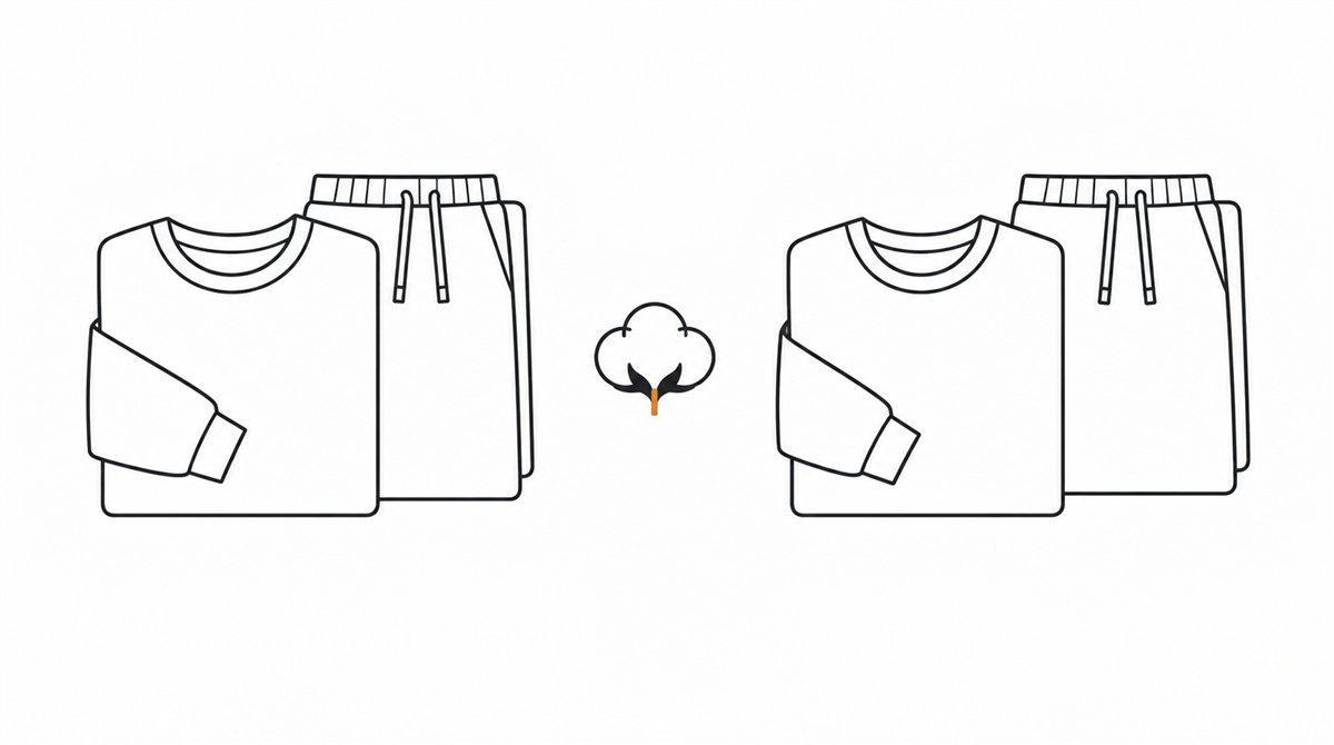 二組の部屋着と綿花を描いた、素材を比較するイメージ