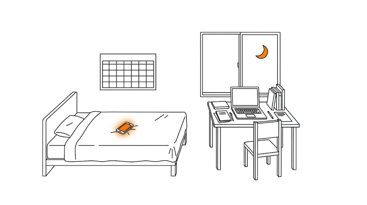 深夜の一人暮らしの部屋で、ノートPCと時間割表とスマホが並ぶ机のフラットイラスト