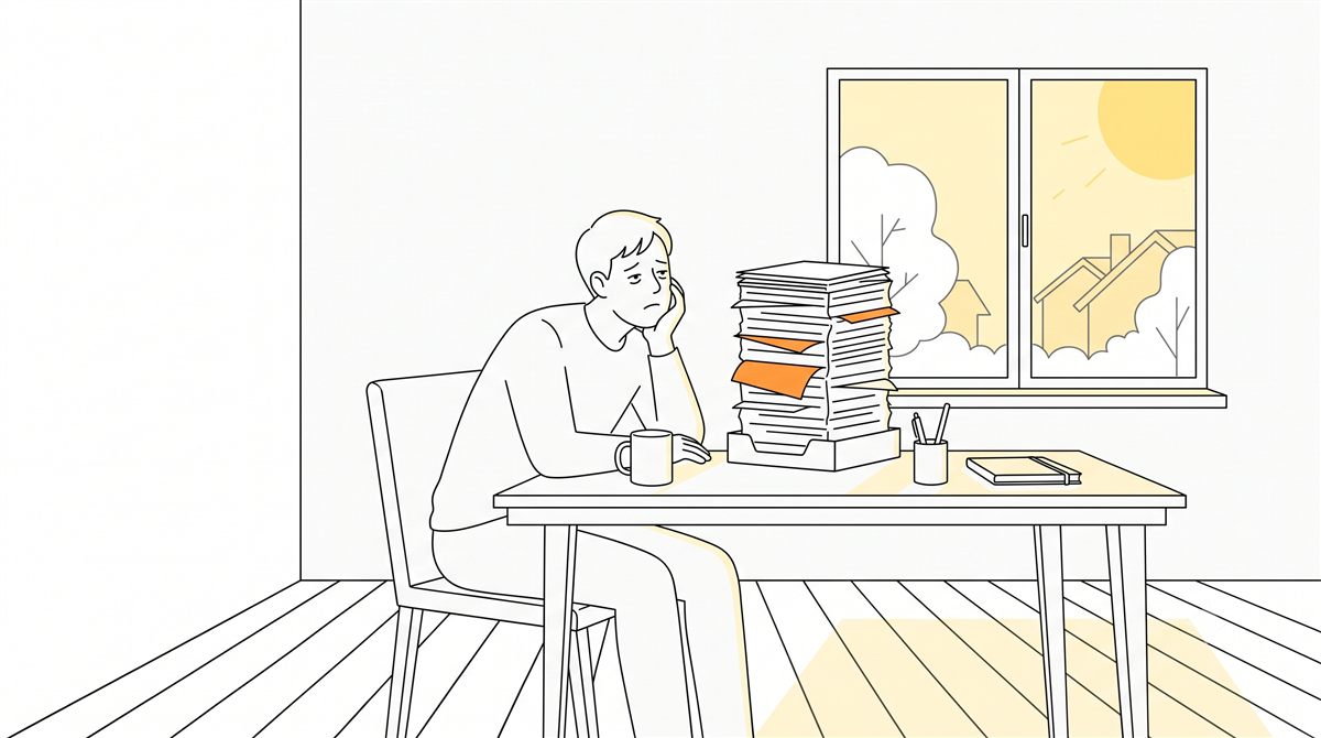 夜更かしの請求書が翌日の机に積み上がっていく様子を描いたイラスト