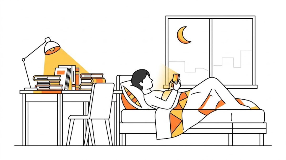 参考書とノートが積まれた夜の勉強机の横で、ベッドに寝転んでスマートフォンを見る学生のフラットイラスト