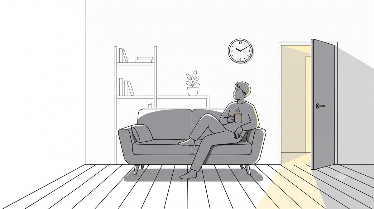 子どもを寝かしつけた後の暗いリビングで、ソファに座ってようやく一息つく親のイラスト