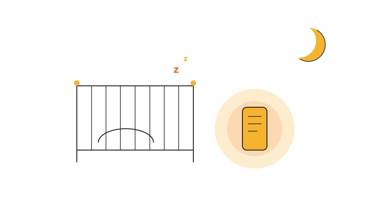 ベビーベッドのそばでスマホの光がともる深夜のフラットイラスト