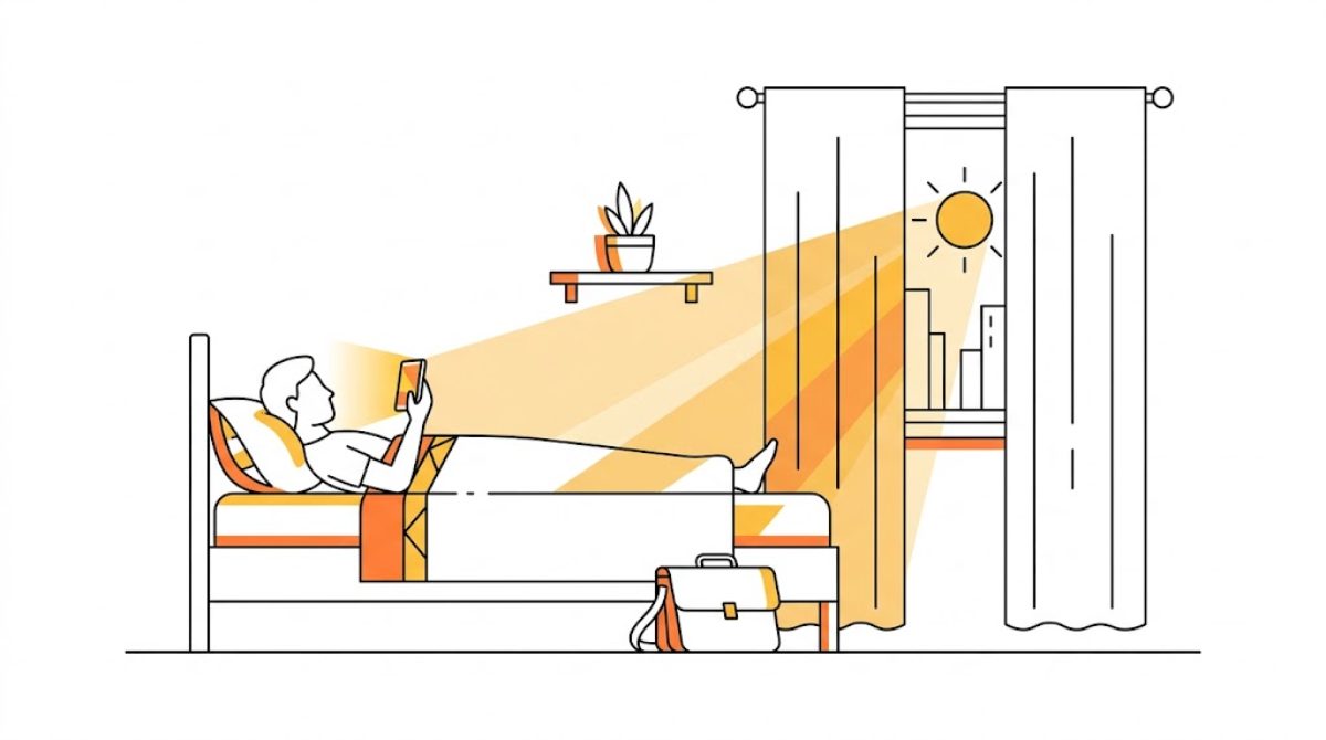 カーテンから朝日が差し込む寝室で、ベッドに横になってスマートフォンを見る人物のフラットイラスト