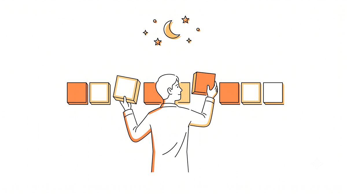 夜の時間割を並べ替えるように、時間のブロックを手で動かしている人のイラスト