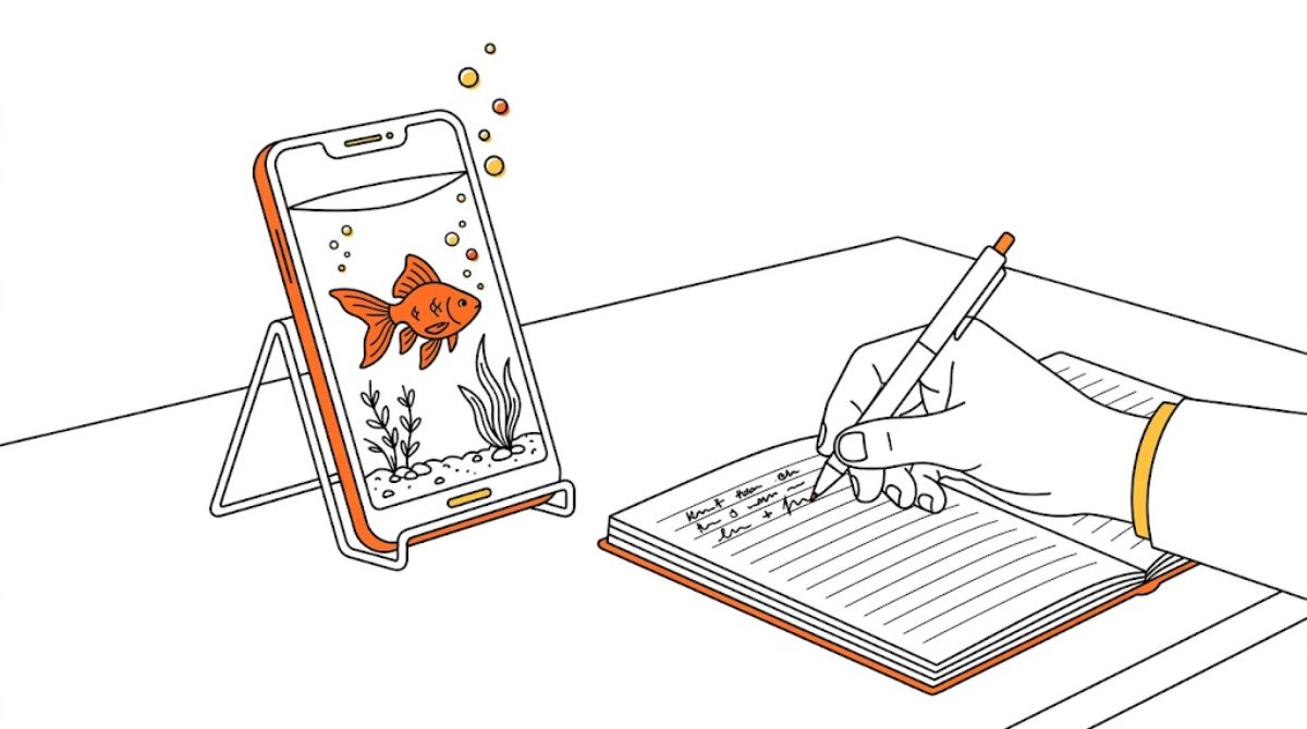 スマートフォンの画面の中で水槽の魚が育っている様子を眺める人の手のフラットイラスト