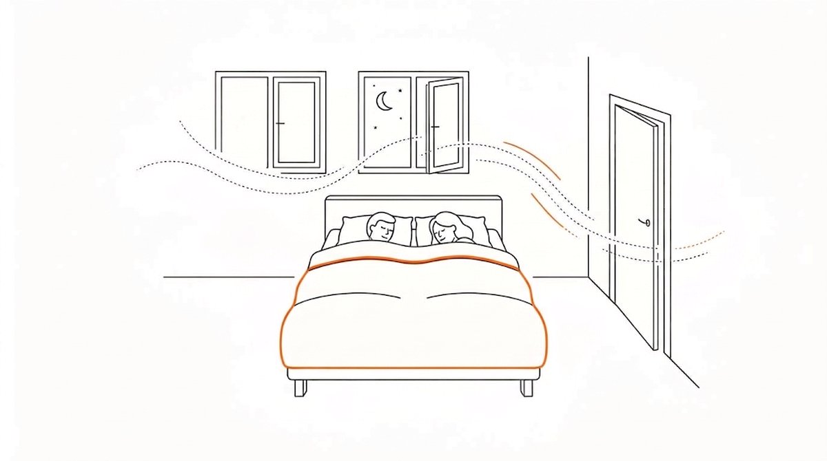 夜の寝室で窓が少しだけ開き、ベッドで眠る二人の上を空気の流れを表す線が通り抜けるフラットイラスト