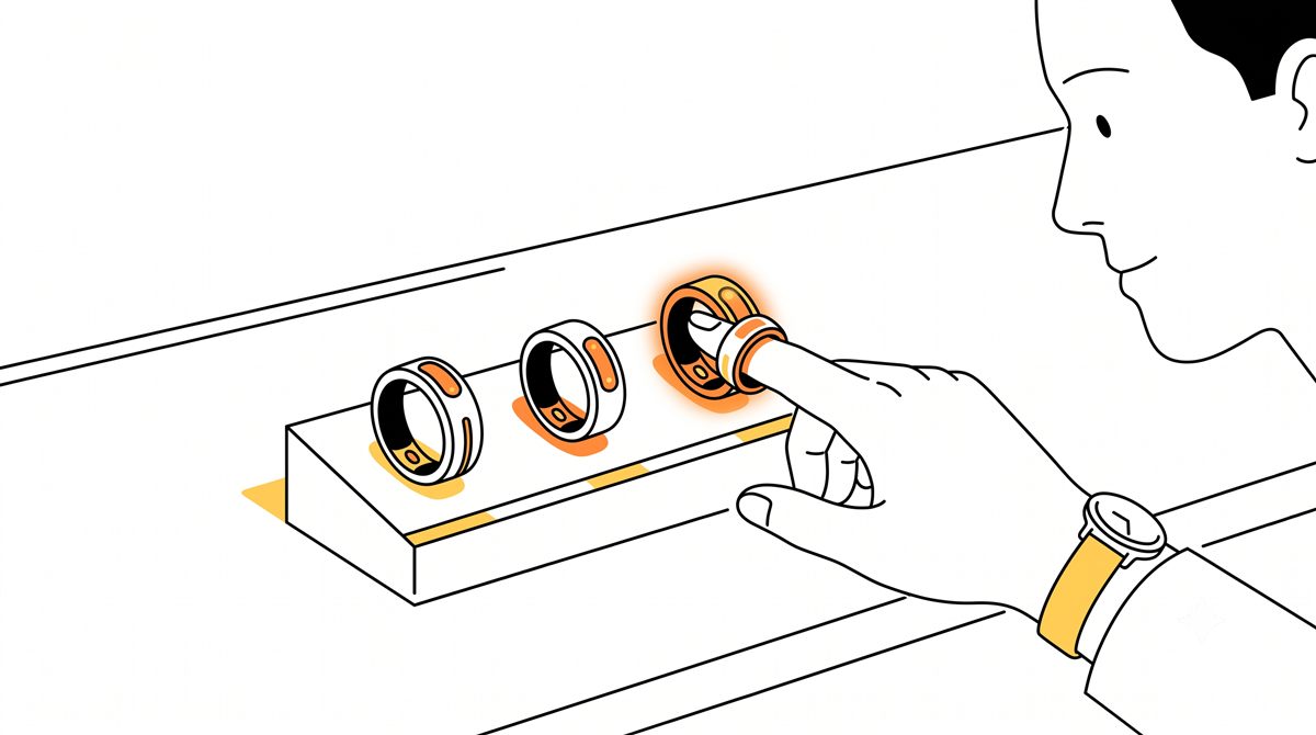 4つのスマートリングが台座に並び、人が指にはめる指輪を選んでいるイラスト