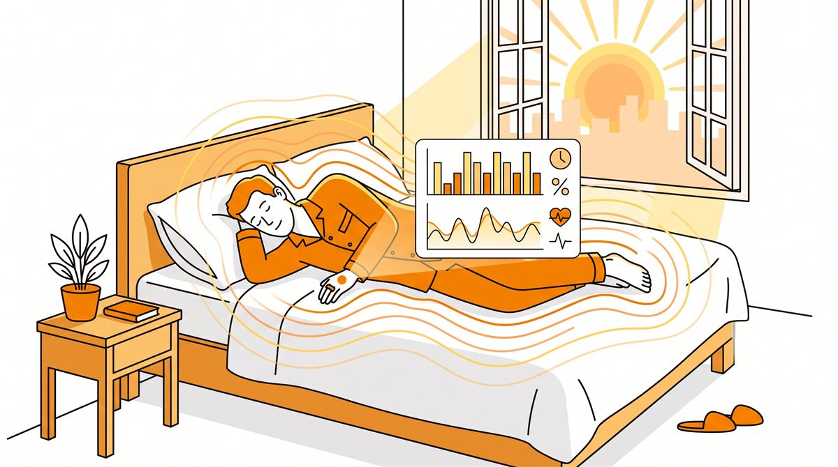 スマートリングをつけて眠る人と、睡眠データのグラフパネルのイラスト